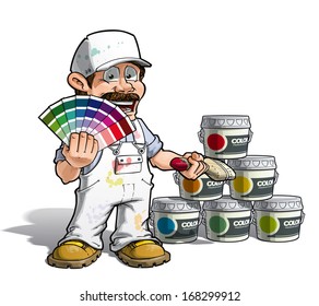 Cartoon Illustration of a construction worker / handyman painter in white uniform, holding a color index and showing paint buckets of various colors.