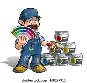 Cartoon Illustration of a construction worker / handyman painter in blue uniform, holding a color index and showing paint buckets of various colors.