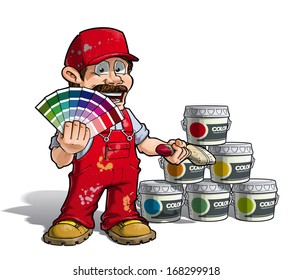 Cartoon Illustration of a construction worker / handyman painter in red uniform, holding a color index and showing paint buckets of various colors.