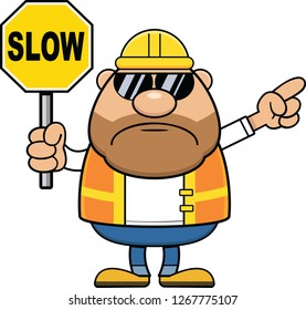 Cartoon illustration of a construction worker holding a slow sign. 