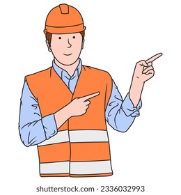 Cartoon illustration of construction worker pointing pose