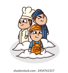 


A cartoon illustration of a construction worker, policeman, and chef, this character can be used as a complement to labor day celebrations, its cute appearance is also suitable for children's books