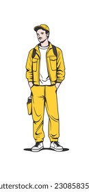 Dibujo de un trabajador de la construcción. fondo blanco. ilustrador vectorial art. obrero de construcción. industria. para logotipos de mascota. 