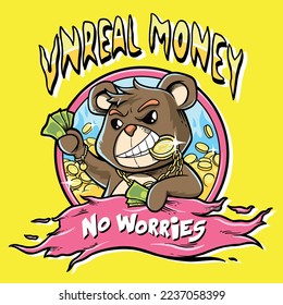 cartoon illustration of a cool brown bear with a gold necklace jewelry holding a lot of money in rapper style