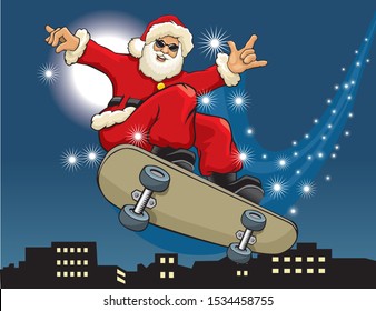 Cartoon illustration of cool Santa Claus riding a skateboard at night