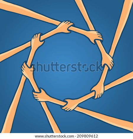 Cartoon illustration of cooperation on circle of hands helping each other and holding together