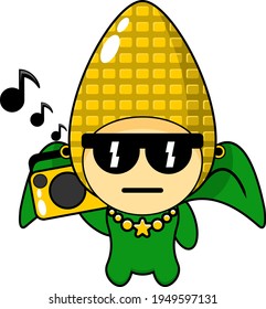cartoon illustration of a corn mascot musical character listening to music