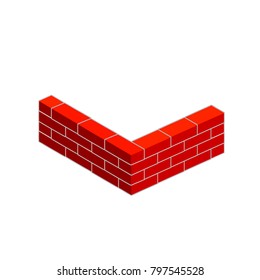 cartoon illustration - corner red brick wall. masonry layers. construction material for the building isometric
