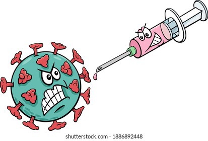 Cartoon illustration of coronavirus and vaccine in a syringe