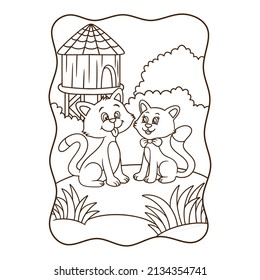 cartoon illustration a couple of cats making love in the garden book or page for kids black and white
