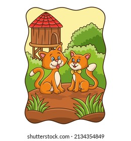cartoon illustration a couple of cats making love in the garden