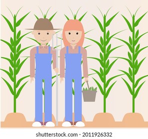 Cartoon illustration of a couple of farmers in a corn field