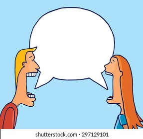 Cartoon illustration of couple having a conversation on empty speech bubble