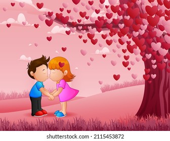 Cartoon illustration of a couple kissing under a heart tree