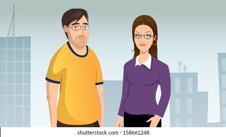 Cartoon illustration of a couple middle age inner city