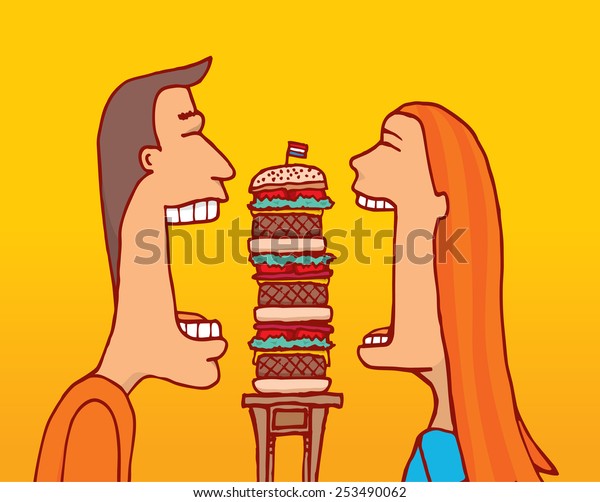 巨大なハンバーガーを大きな口で共有する夫婦の漫画のイラスト のベクター画像素材 ロイヤリティフリー