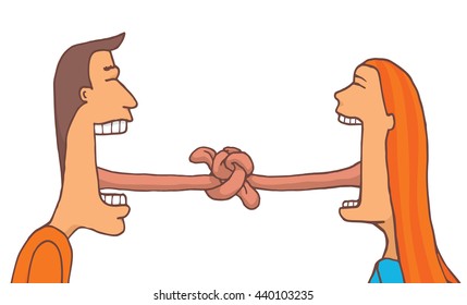 Cartoon illustration of couple talking with tangled tongues