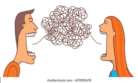 Cartoon illustration of couple talking trying to communicate