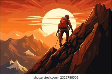 Cartoon illustration of a courageous climber reaching the summit