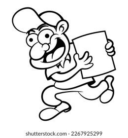 Cartoon illustration of Courier wearing uniform and delivering a package to customer. Best for outline, logo, and coloring book with delivery services themes