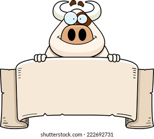 A cartoon illustration of a cow with a banner.