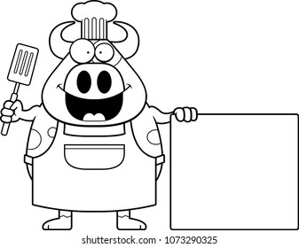 A cartoon illustration of a cow chef with a sign.