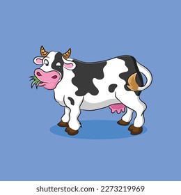 cartoon illustration of a cow eating grass