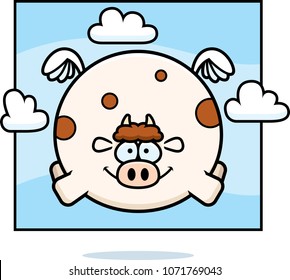 A cartoon illustration of a cow flying in the sky.