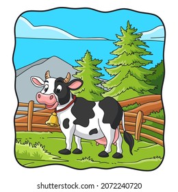cartoon illustration the cow is in the meadow