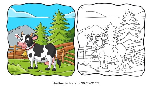 cartoon illustration the cow is in the meadow book or page for kids