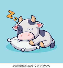 Cartoon illustration of a cow resting on a pillow, depicted in a cute and adorable style, with closed eyes and a peaceful expression. The cow is sleeping soundly.