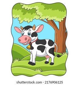 cartoon illustration a cow walking for food in the middle of the forest under a big tree