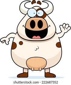 A cartoon illustration of a cow waving and smiling.