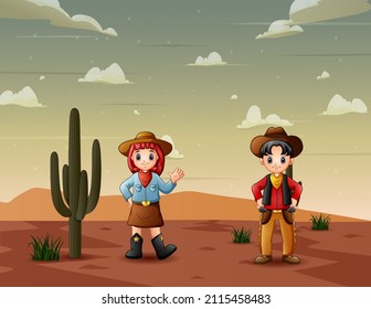 Cartoon illustration a cowboy and cowgirl at the desert