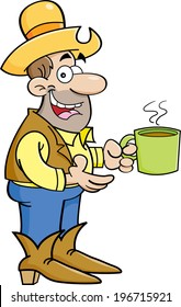 Cartoon illustration of a cowboy with a cup of coffee.