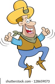 Cartoon illustration of a cowboy jumping with two thumbs up.