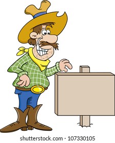 Cartoon illustration of a cowboy with a sign