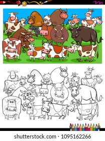 Cartoon Illustration of Cows and Bulls Farm Animal Characters Group Coloring Book Activity