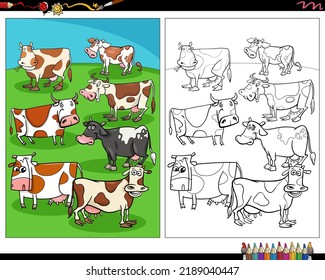 Cartoon illustration of cows farm animal characters in the meadow coloring page