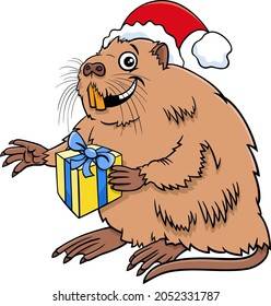 Cartoon illustration of coypu or nutria animal character with present on Christmas time