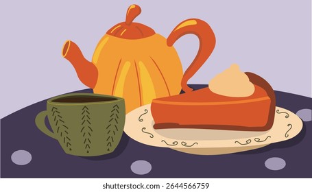 Cartoon illustratie van een gezellige herfst scène met een pompoen theepot, taart plak, en mok op een met polka gestippelde tafel. Ideaal voor herfst-, Thanksgiving- en vakantievoedselontwerpen.