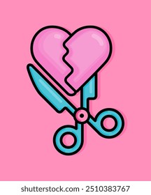 Cartoon illustration of cracked pink heart cut with scissors. Can be used for birthdays, parties, Valentine Day, celebrations and printed on t-shirts, hoodies, tote bags