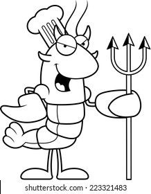 A cartoon illustration of a crawfish chef dressed as a devil.