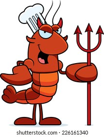 A cartoon illustration of a crawfish chef dressed as a devil.