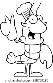 A cartoon illustration of a crawfish chef giving the peace sign.