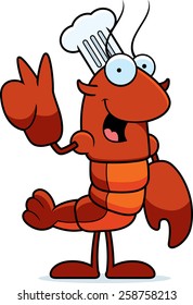 A cartoon illustration of a crawfish chef giving the peace sign.