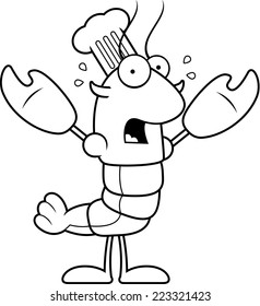 A cartoon illustration of a crawfish chef looking scared.