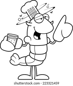 A cartoon illustration of a crawfish chef looking drunk.