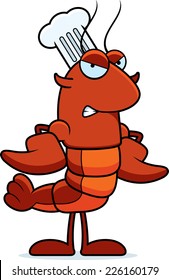 A cartoon illustration of a crawfish chef looking angry.