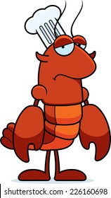 A cartoon illustration of a crawfish chef looking sad.